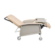 Beige recliner chair with tray on a white background