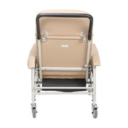 Beige patient lift chair with wheels on a white background