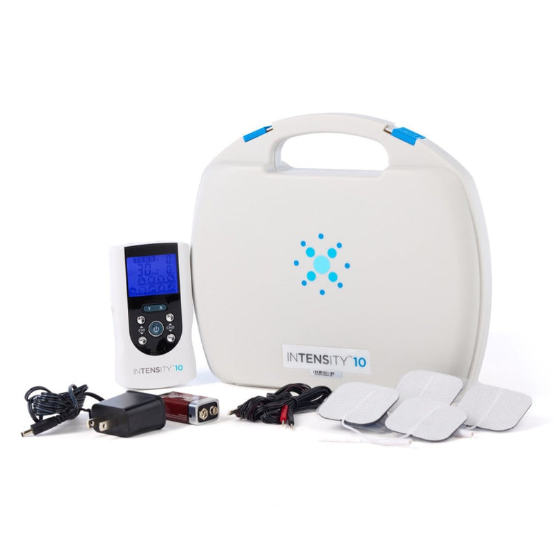 Electrotherapy device with accessories on a white background