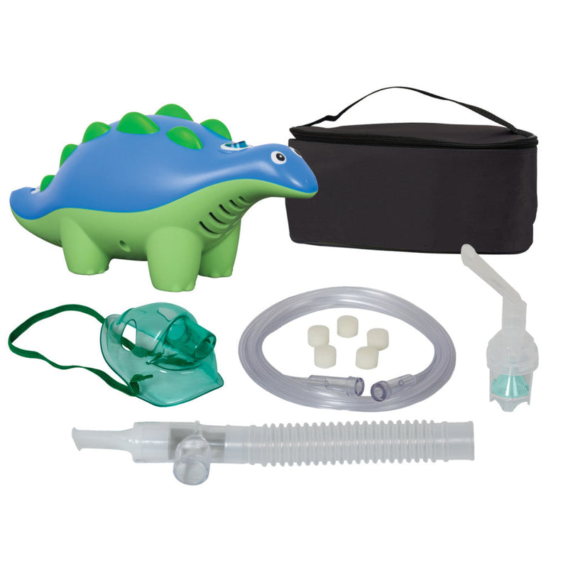 Dinosaur-shaped inhaler device with accessories on a white background