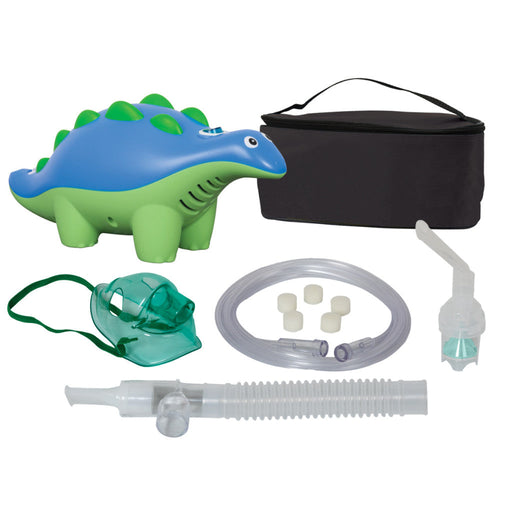 Dinosaur-shaped inhaler device with accessories on a white background