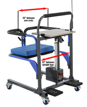 Elevating patient transfer chair with measurements indicated on a white background