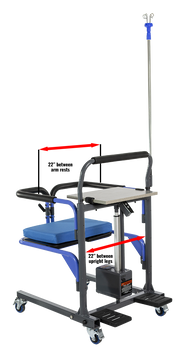 Medical examination table with arm rests and leg supports on a white background