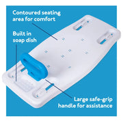 White bath seat with blue handle on a blue background, featuring text on its features.