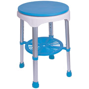 Blue and white adjustable stool with circular seat and base on a white background
