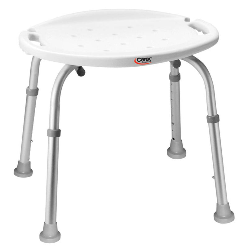 White adjustable stool with metal legs on a white background, featuring the Carex brand.