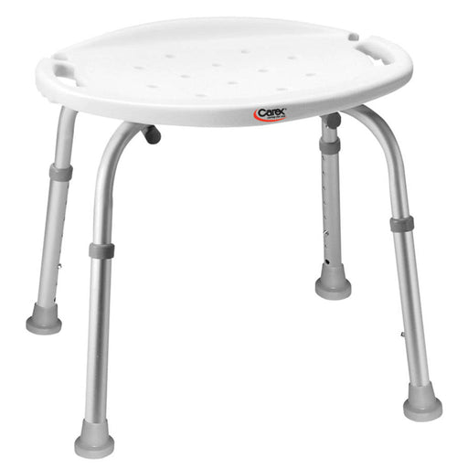 White adjustable stool with metal legs on a white background, featuring the Carex brand.