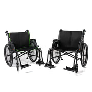 Two black wheelchairs on a white background