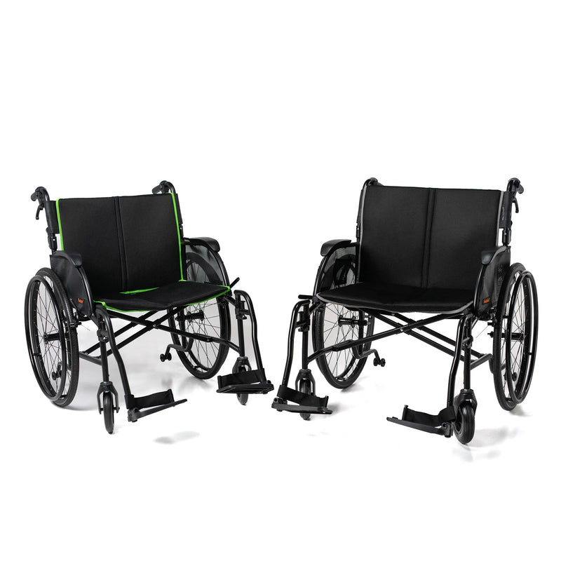 Two black wheelchairs on a white background