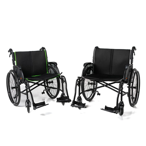 Two black wheelchairs on a white background