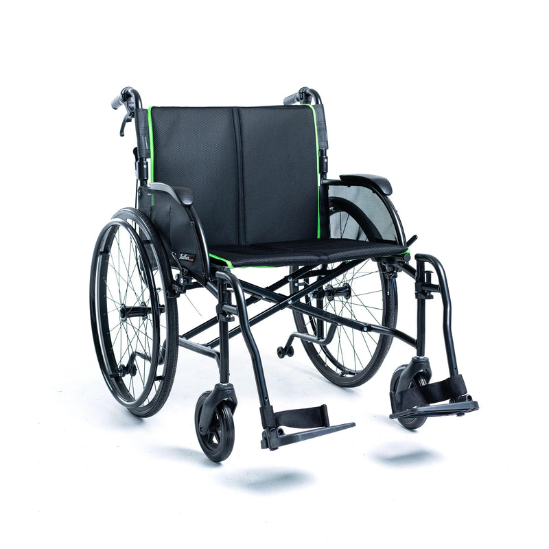 Black wheelchair with green accents on a white background