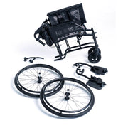 Disassembled wheelchair with wheels and parts on a white background