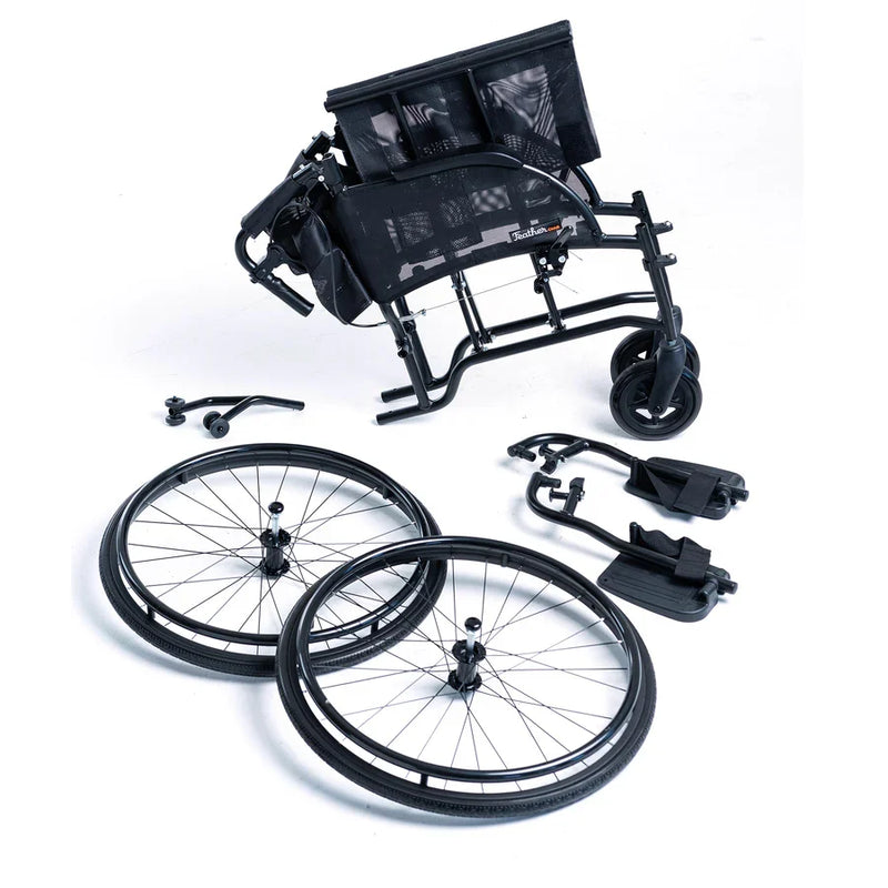 Disassembled wheelchair with wheels and parts on a white background