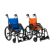 Two wheelchairs, one with a blue seat and the other with an orange seat, on a white background.
