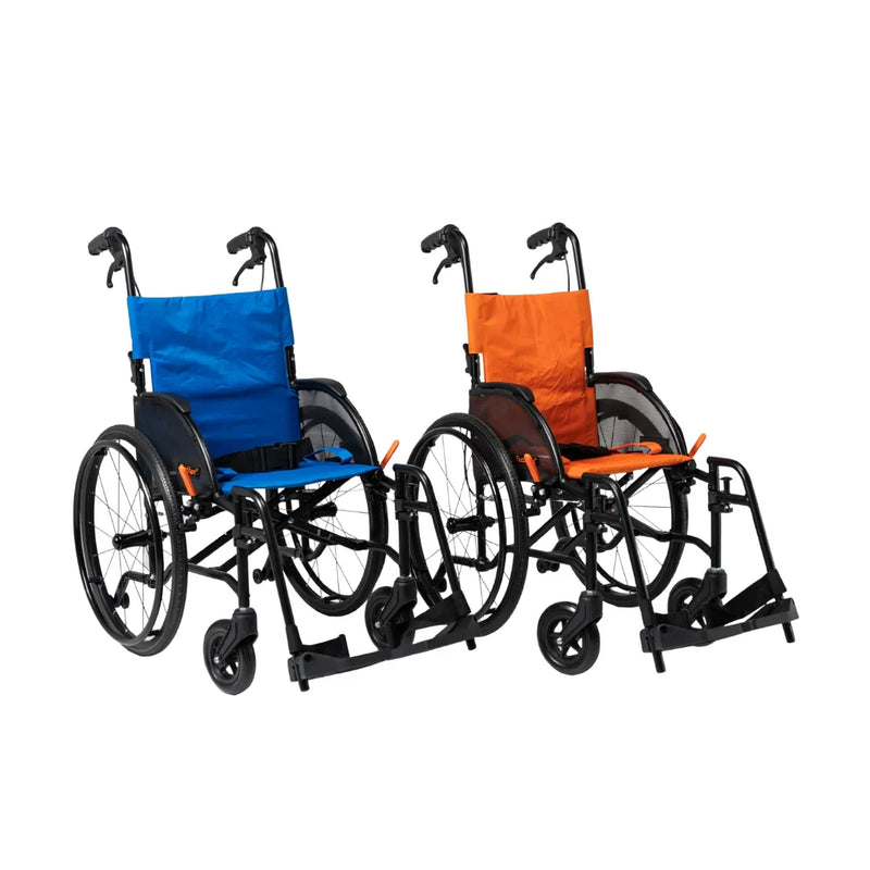 Two wheelchairs, one with a blue seat and the other with an orange seat, on a white background.