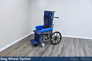 Blue and silver wheelchair with Mag Wheel Option on a wooden floor against a white wall, featuring the Med Mizer brand.