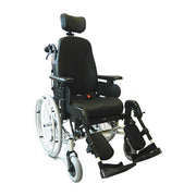Black wheelchair with adjustable features on a white background