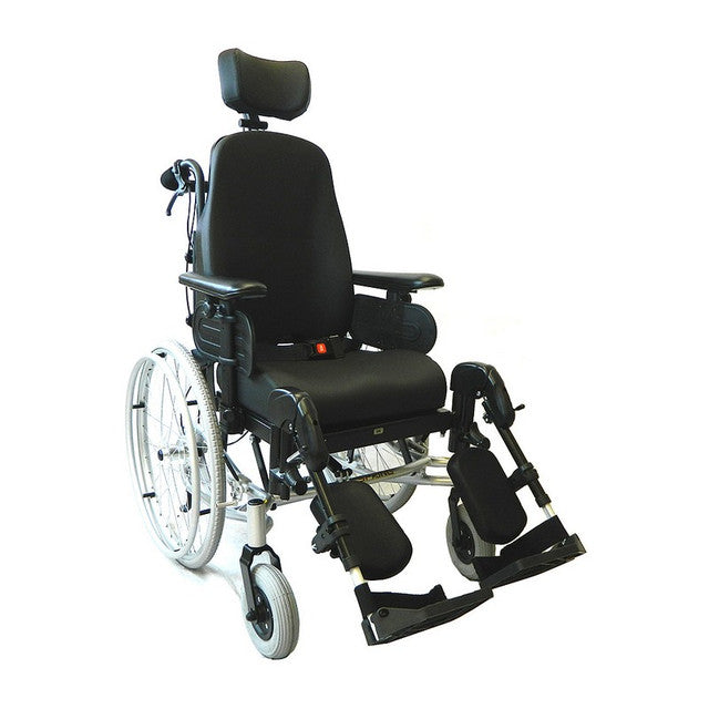 Black wheelchair with adjustable features on a white background
