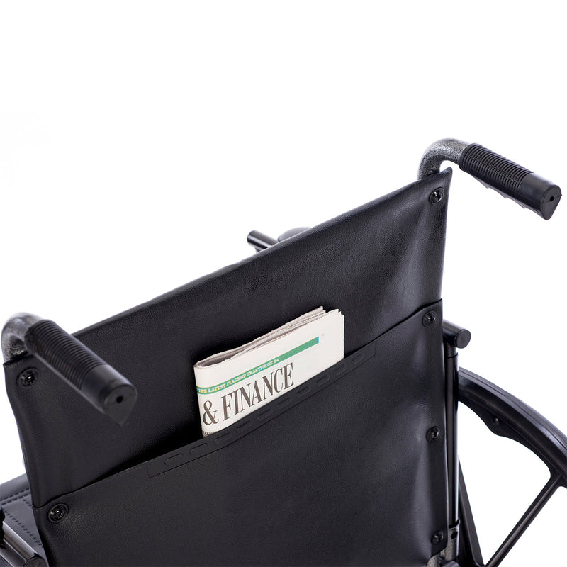 Wheelchair with a pocket holding a newspaper titled 'Finance'