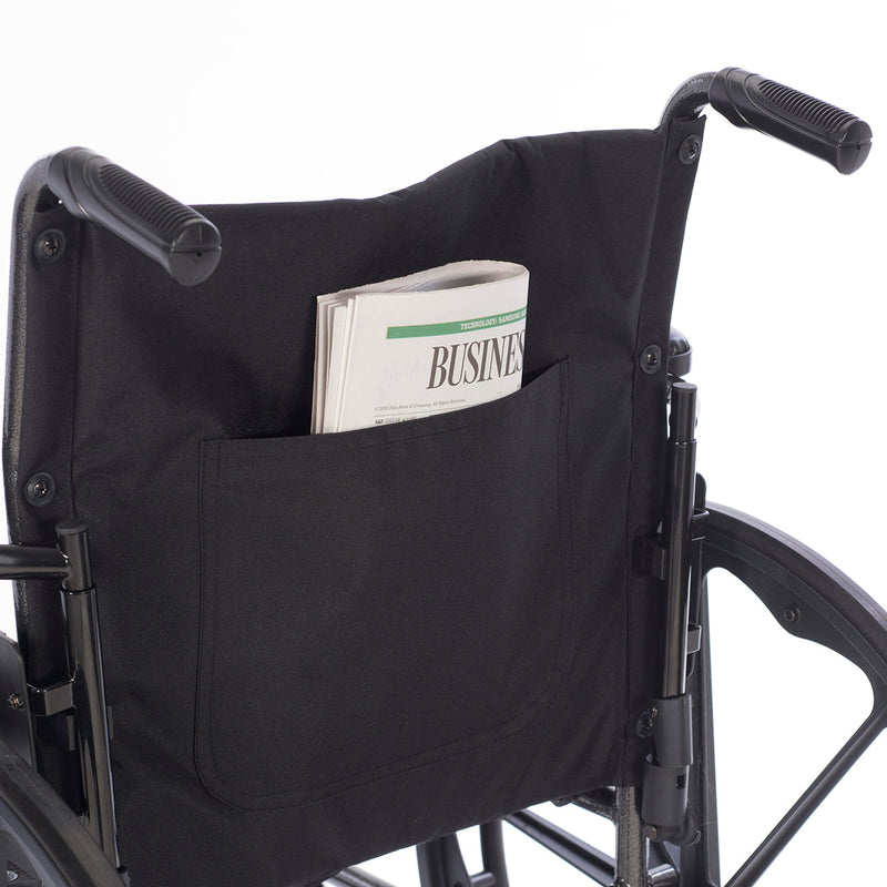 Wheelchair with a black pocket holding a newspaper on a white background