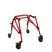 Red walker frame with wheels on a white background