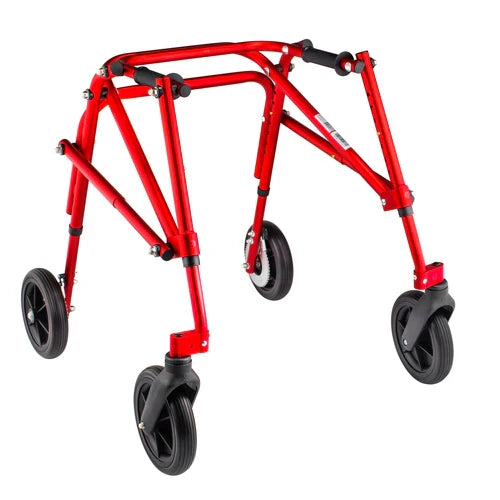 Red walker with four wheels on a white background