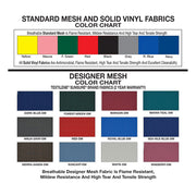 Color chart for standard mesh and solid vinyl fabrics with text on a white background.