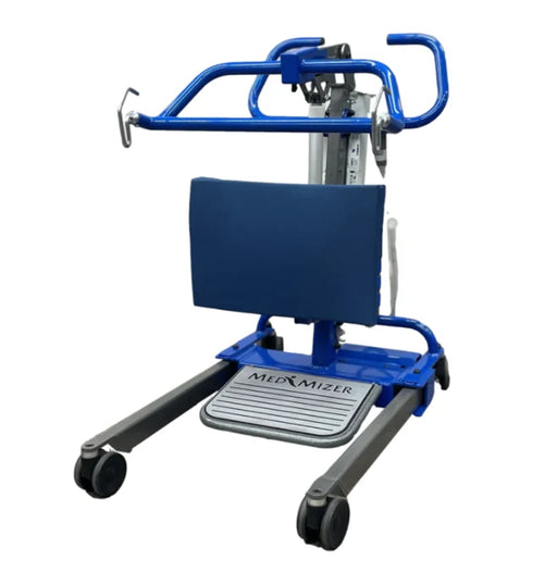 A blue and gray Med-Mizer motorized sit to stand with a padded rest, blue handlebars, and a foot pedal on casters, shown on a plain white background.