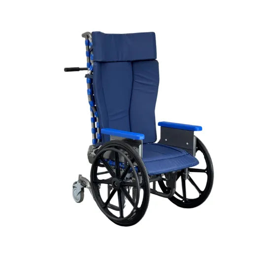 A blue and black manual wheelchair with a high backrest, shown on a plain white background.