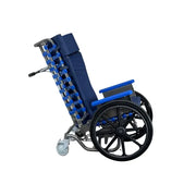A manual wheelchair with a fully reclined position, featuring a navy blue padded seat and backrest, blue armrests, black spoked rear wheels, and a silver metal frame on a plain white background.