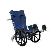 A blue and black manual wheelchair with a high backrest, armrests, and a footrest, shown on a plain white background.