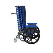 A blue and black manual wheelchair shown from a side angle against a plain white background.