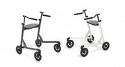 Two mobility devices, one with a black frame and one with a white frame, on a white background.