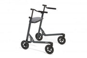 Black knee walker with four wheels on a white background