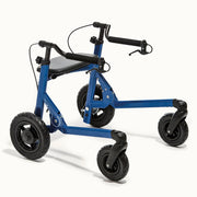 Blue knee walker with black seat and wheels on a white background