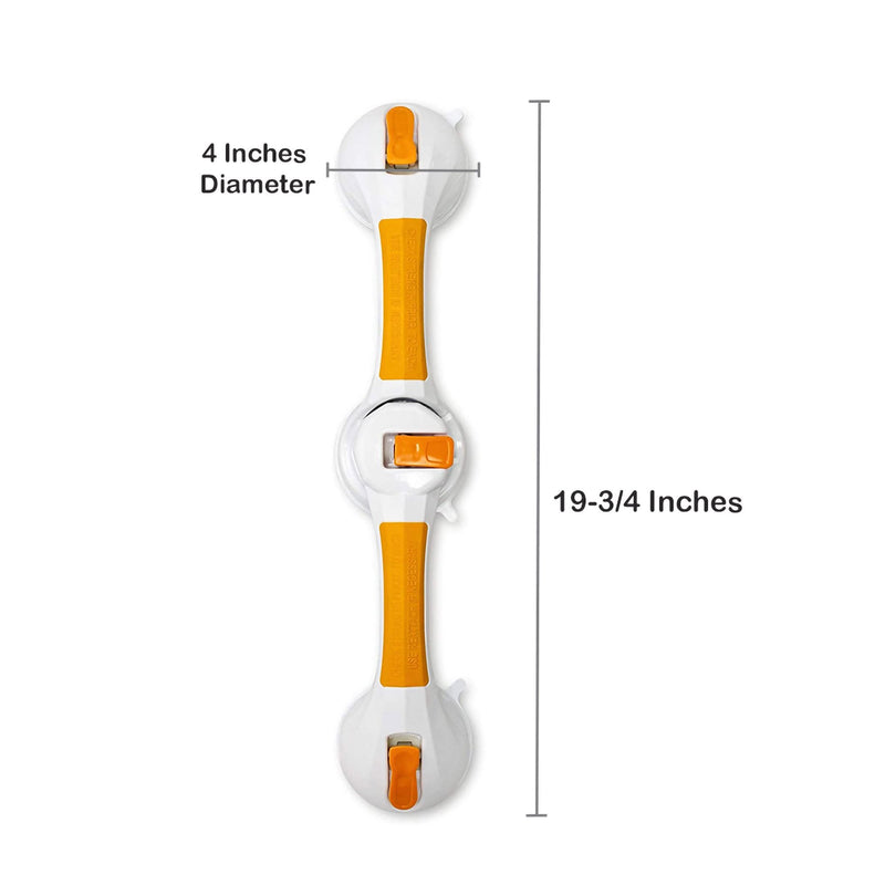 Measurement chart showing a white and orange handle with Dimensions on a white background