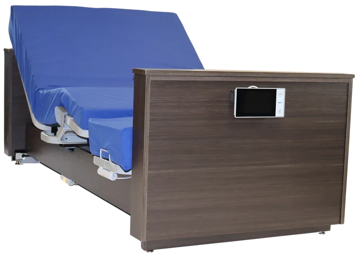 An adjustable hospital-style bed frame with a dark brown wood-grain headboard panel, a built-in control screen, and a blue mattress cover on a white background.