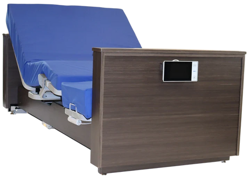 An adjustable hospital-style bed frame with a dark brown wood-grain headboard panel, a built-in control screen, and a blue mattress cover on a white background.