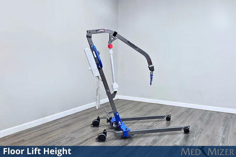 Floor lift height device on a wooden floor with a plain wall background