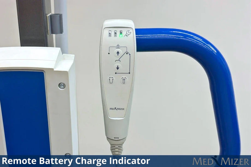 Remote battery charge indicator for medical equipment with 'Med Mizer' branding.