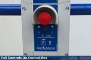 Control box with a red button and labeled controls on a blue background, featuring the Med Mizer brand.