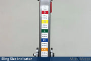 Sling size indicator on a medical device with color-coded labels.