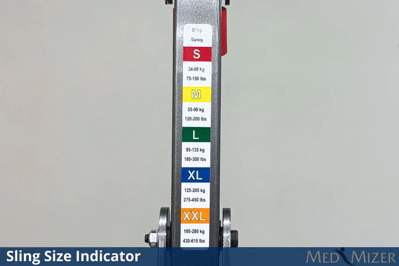 Sling size indicator on a medical device with color-coded labels.