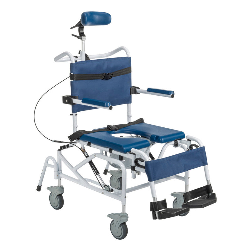 Medical stair chair with blue cushions and straps on a white background