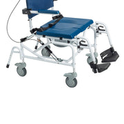 Mobility aid with blue seat and white frame on a white background