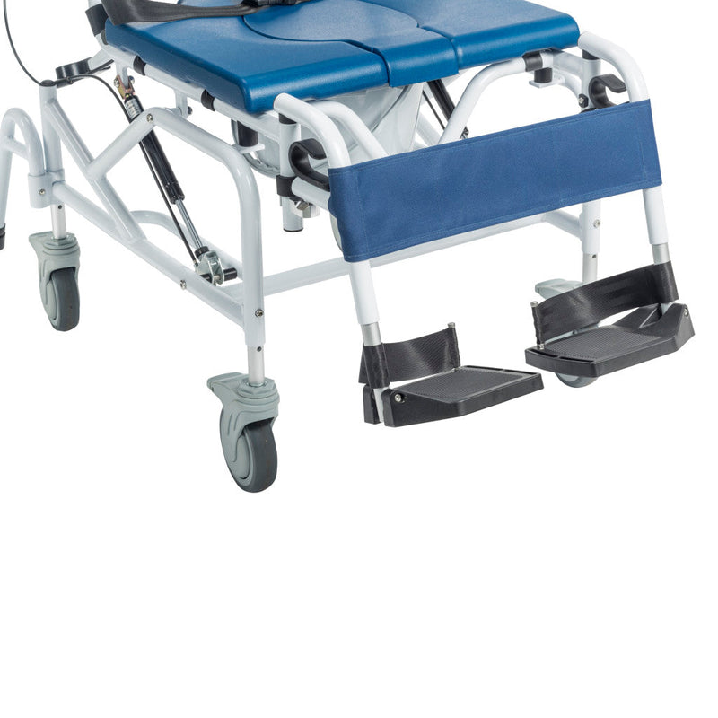 Medical wheelchair with blue seat and footrests on a white background