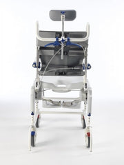 Medical shower chair with adjustable headrest and footrest on a white background