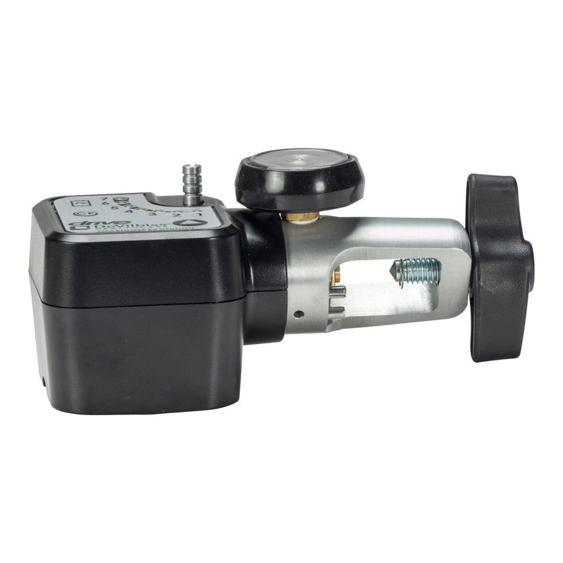 Mechanical device with black and silver components on a white background