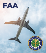 Airplane flying in the sky with FAA logo below