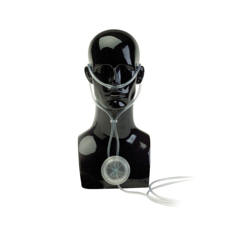 Black mannequin head with a transparent face shield on a white background